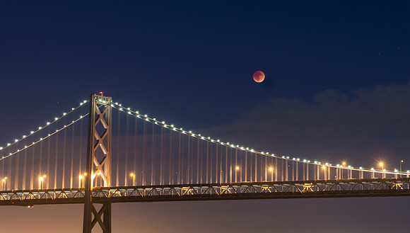 Close of of SF Bay Bridge with Blood Moon